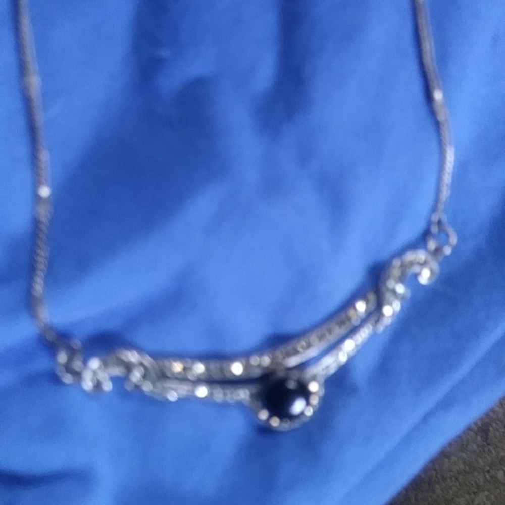 Sterling silver onyx marcasite necklace stamped 925 on solid charm back